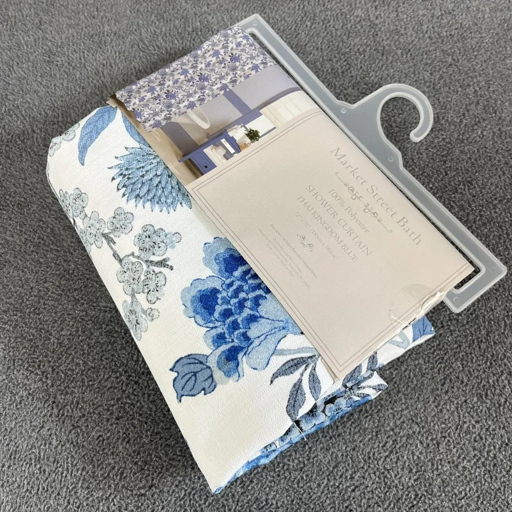 Market Street Bath Fabric Shower Curtain Floral cottage garden Thai Kingdom Blue